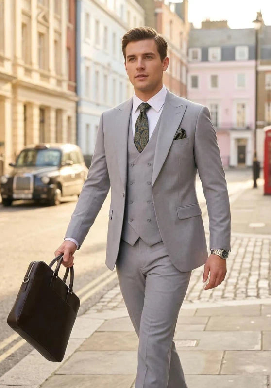 Grey 3 Piece Men's Suit British Style Slim Fit Business Wear