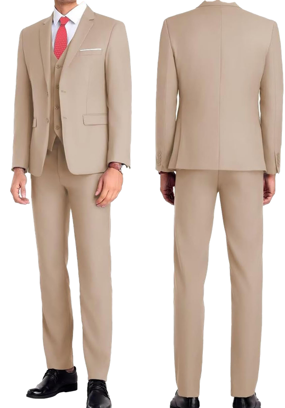 Khaki 3 Piece Men's Suit Slim Fit Front and Back View