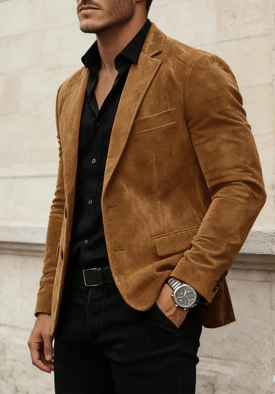 Men's Suede Blazer Brown, Walking Street Style Pose