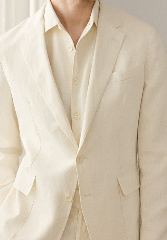 Men's Beige Linen Jacket: Button Detail View