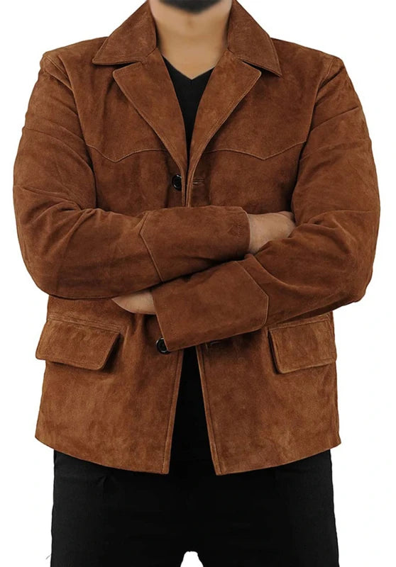 Men's suede blazer, black soft suede slim-fit side profile with tailored fit