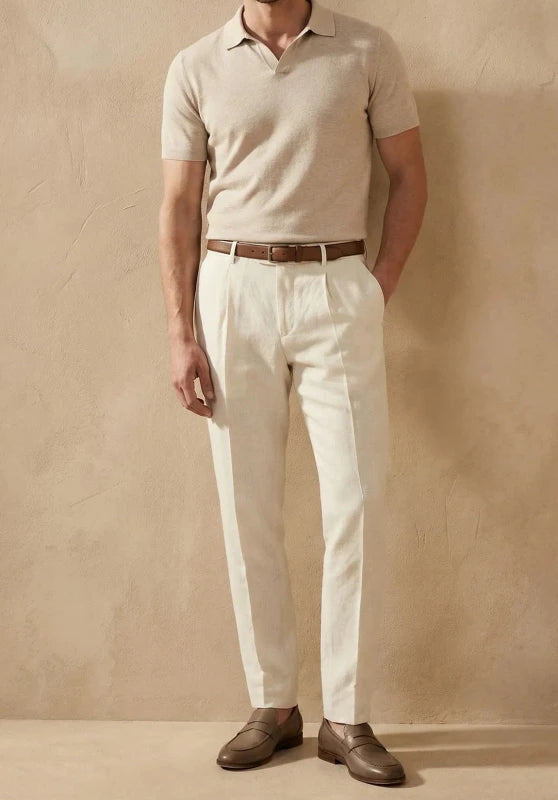 men beige pants slim fit front view modern business outfit