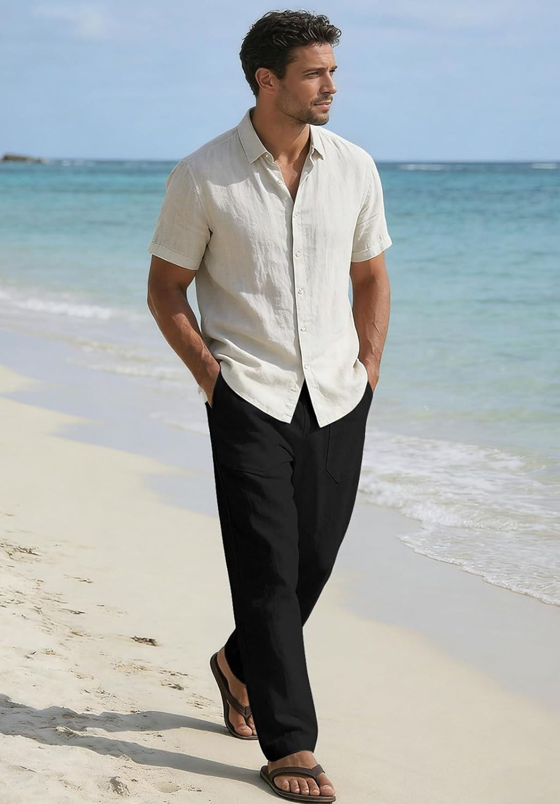 Summer Beach Wedding Linen Trousers for Men Vacation Wear