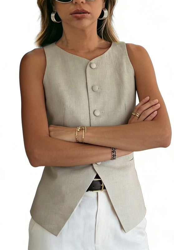 Yellow Women's Linen Vest Arms Crossed Pose