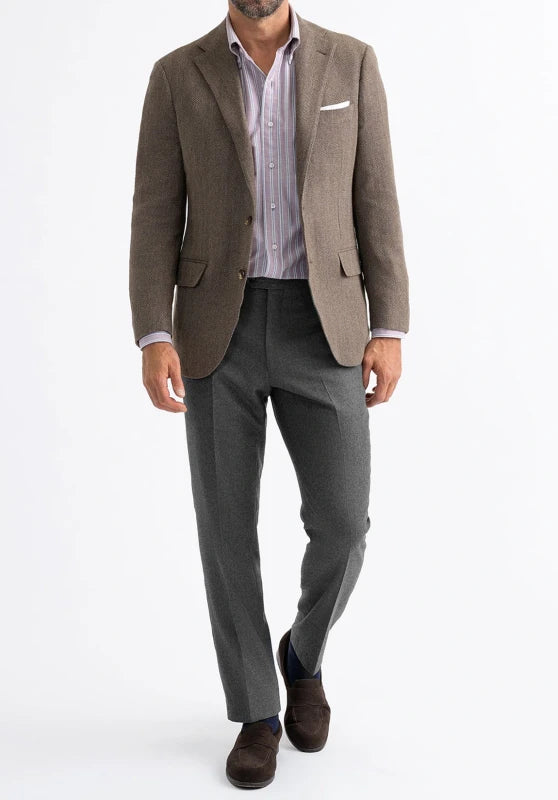 Men's tweed blazer, black textured tweed slim-fit close-up fabric and pocket detail