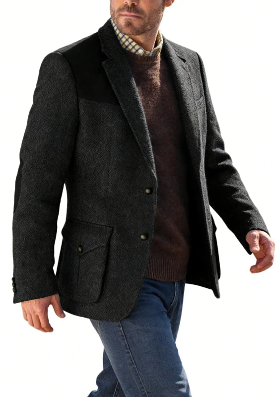 Men's tweed blazer, black textured tweed slim-fit back view with structured silhouette