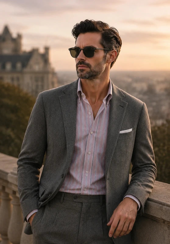 Men's tweed blazer, black textured tweed slim-fit close-up fabric and pocket detail