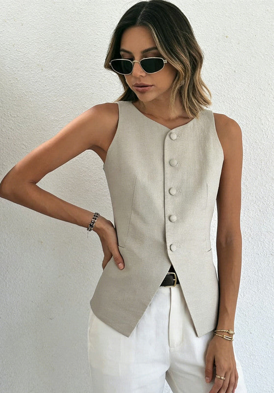 Yellow Women's Linen Vest Waist Pose