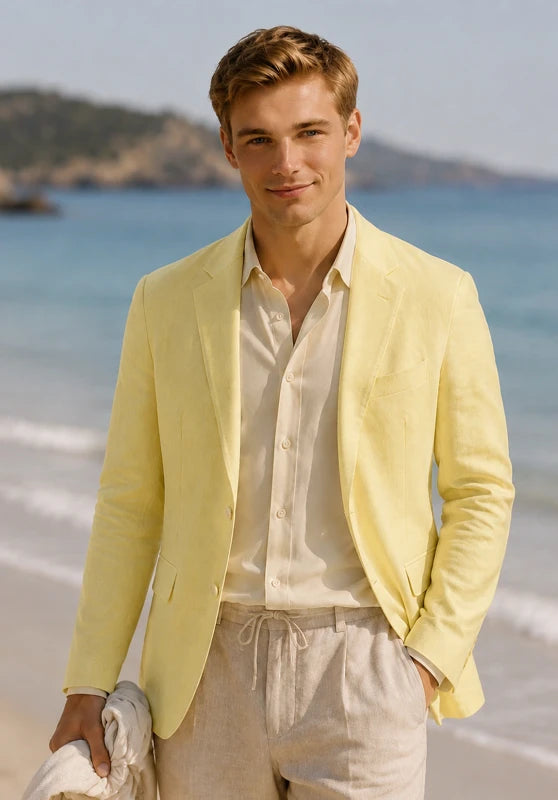 Men's linen sport coat, beige linen fabric classic-fit close-up fabric and pocket detail