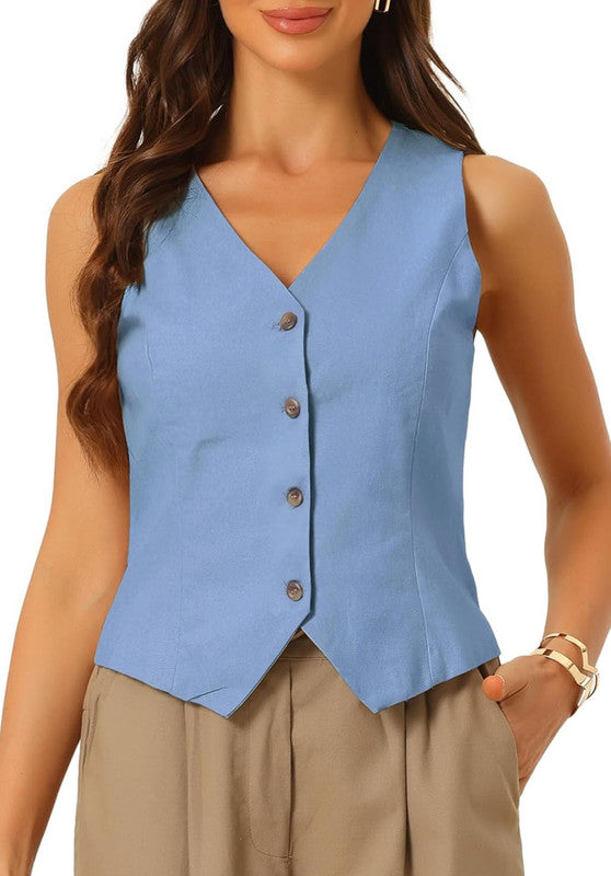 Blue Women's Linen Vest Front View