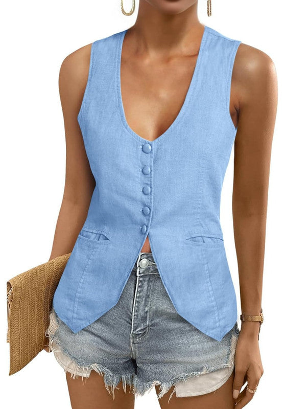 Women's Linen Vest Blue Front View
