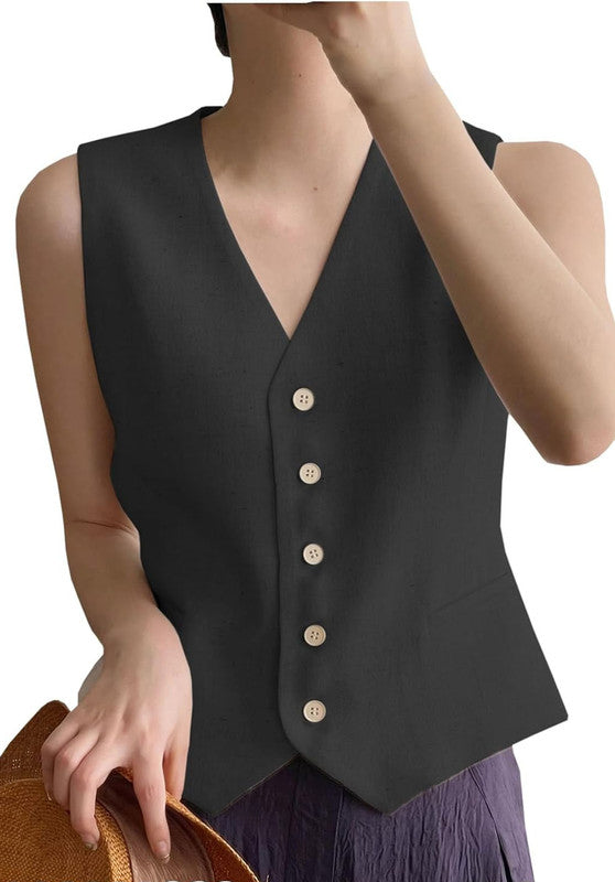 Black Women's Linen Vest Front View