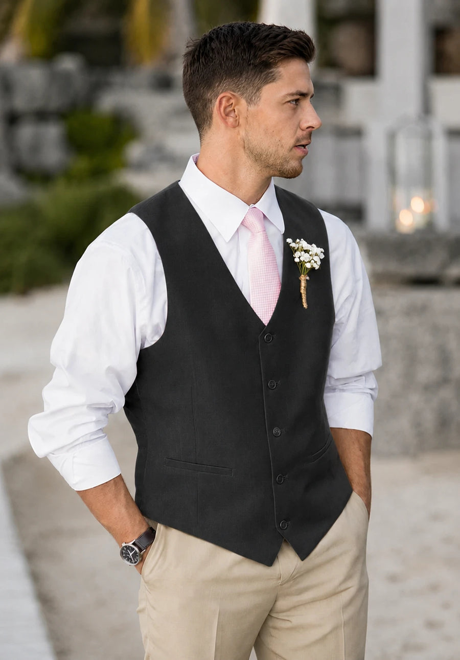 Men's Suit Vest + Black + Five-Button Design + Front Styled Look