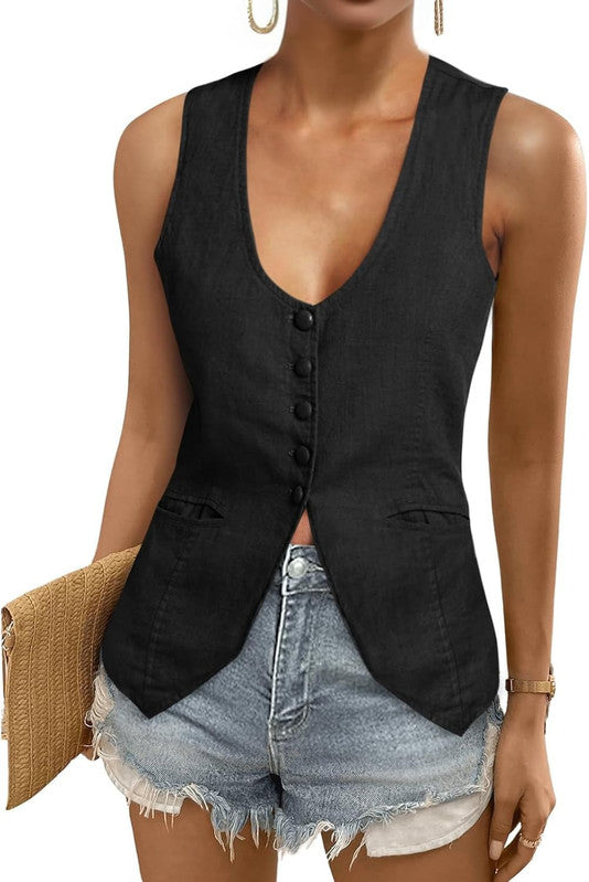 Women's Linen Vest Blue Front Casual Outfit Look