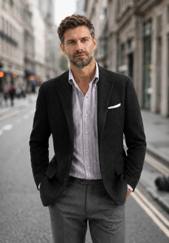 Men's tweed blazer, black textured tweed slim-fit side profile with tailored fit