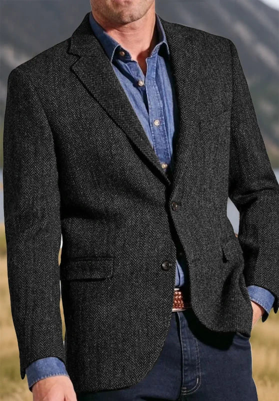 Men's tweed blazer, black textured tweed classic-fit front view with 2-button closure