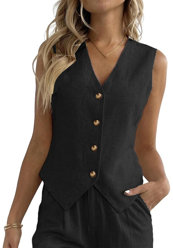 Women's Linen Vest Black Front View