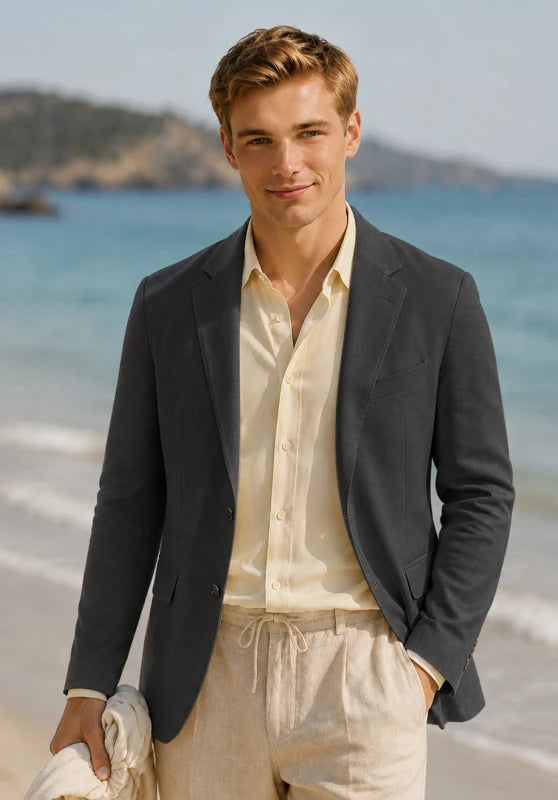 Men's linen sport coat, black linen fabric classic-fit close-up fabric and pocket detail