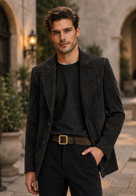 Front view of men's suede blazer in black