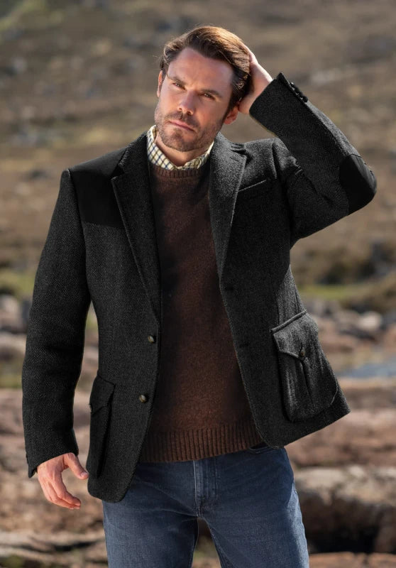 Men's tweed blazer, black textured tweed slim-fit front view with 2-button closure
