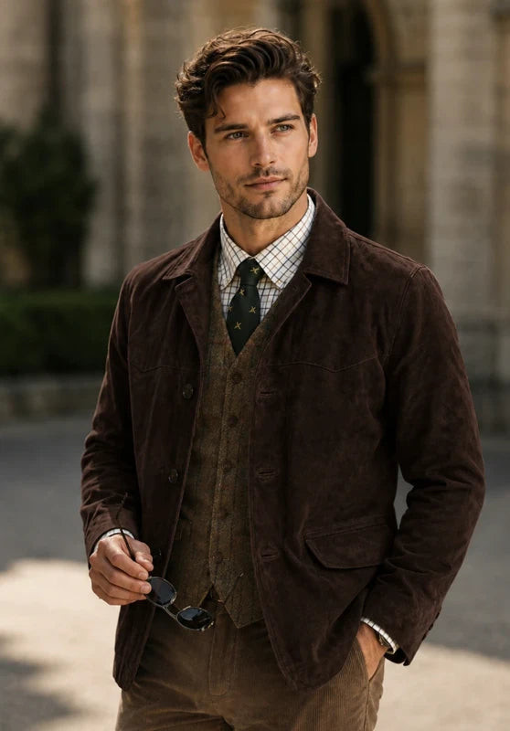 Men's suede blazer, brown soft suede slim-fit front view with 2-button closure
