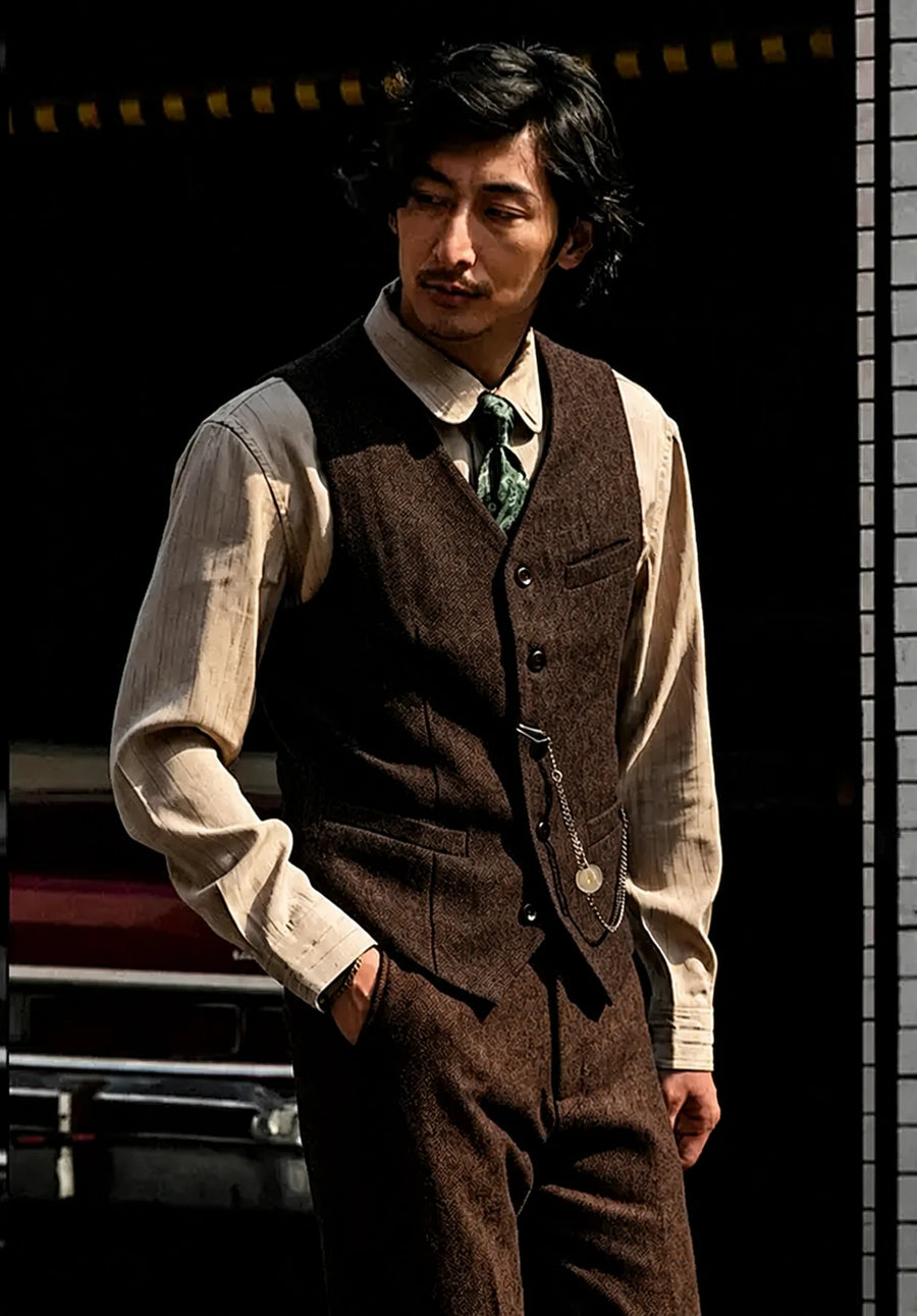 Men's Suit Vest + Brown + Herringbone + Front Styled Look