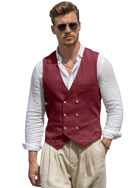 Mens Linen Suit Vest- Slim Fit Casual Dress Waistcoat