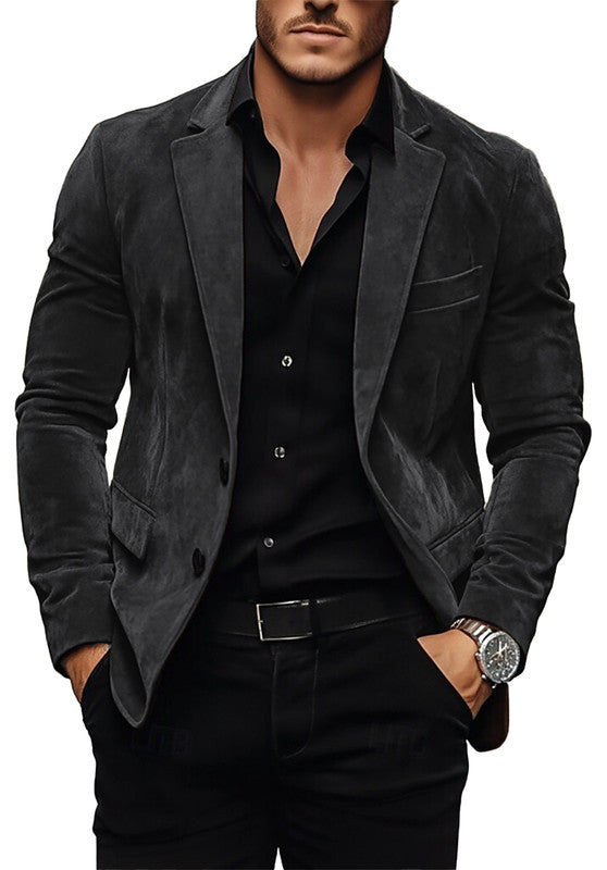 Men's Suede Blazer Black, Casual Smart Outfit Side Pose