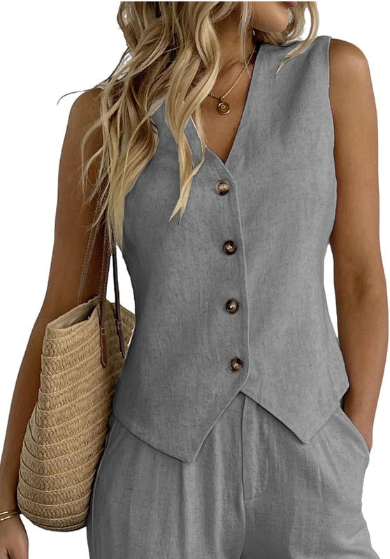 Women's Linen Vest Dark Grey Front View