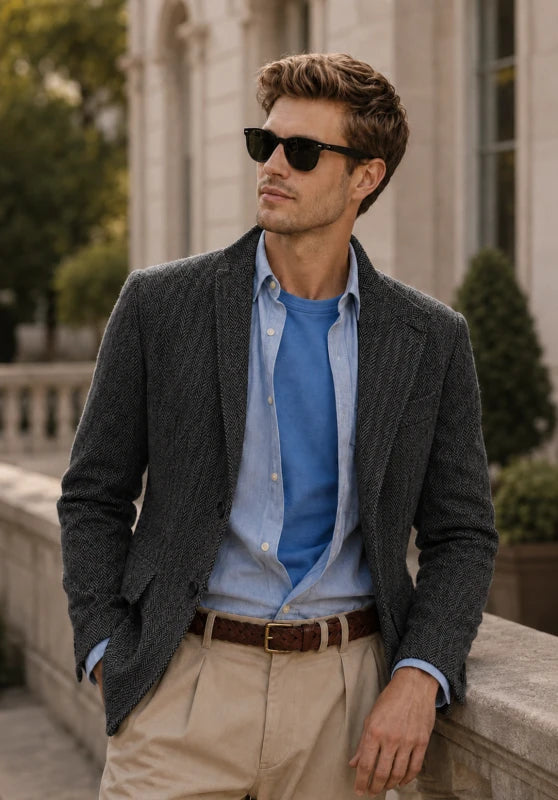 Men's herringbone tweed blazer, dark grey wool-blend fabric classic-fit front view with 2-button closure