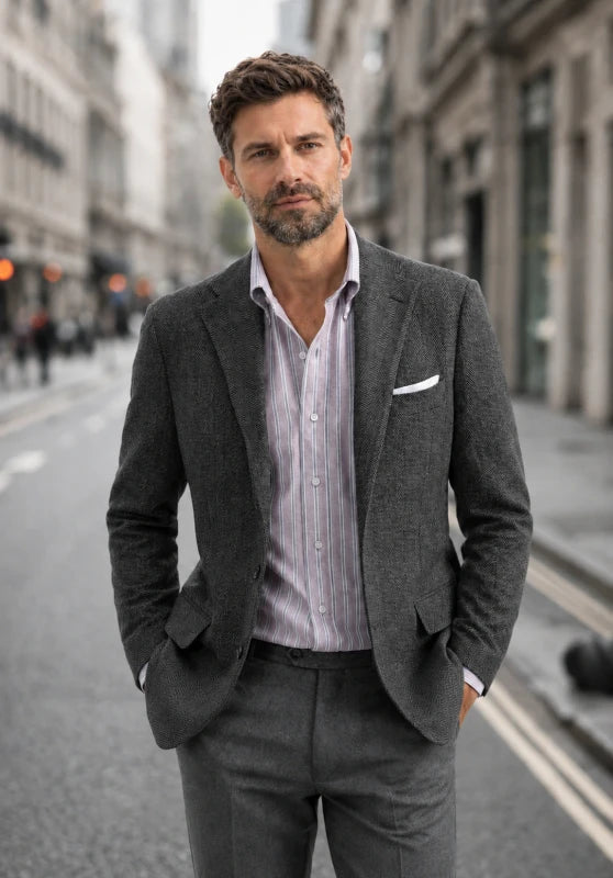 Men's tweed blazer, dark grey textured tweed slim-fit close-up fabric and pocket detail