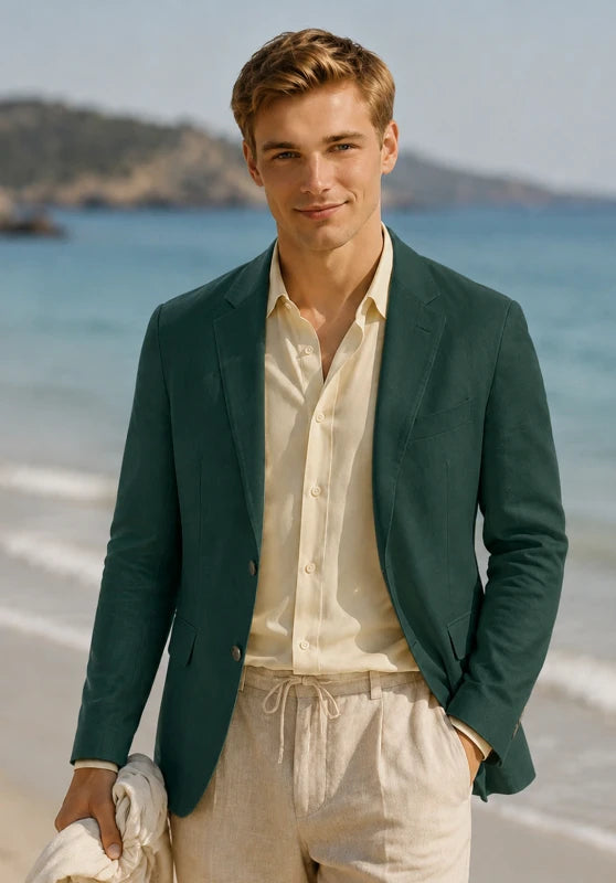 Men's linen sport coat, green linen fabric classic-fit close-up fabric and pocket detail