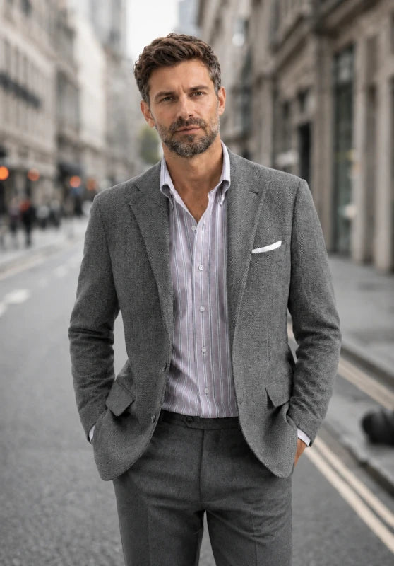 Men's tweed blazer, grey textured tweed slim-fit close-up fabric and pocket detail