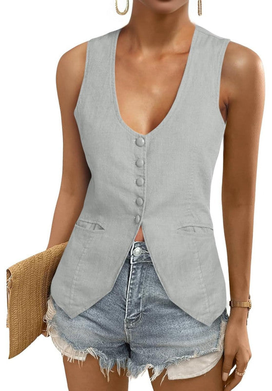 Women's Linen Vest Blue Front Casual Outfit Look