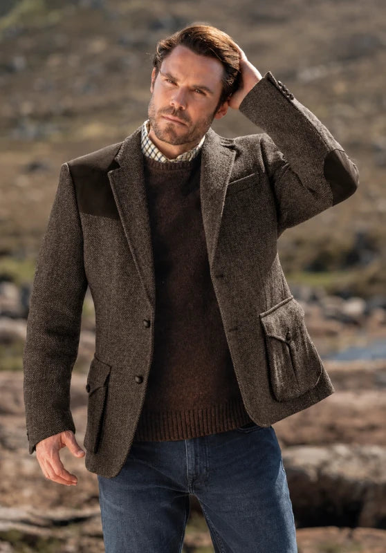 Men's tweed blazer, khaki textured tweed slim-fit close-up fabric and pocket detail