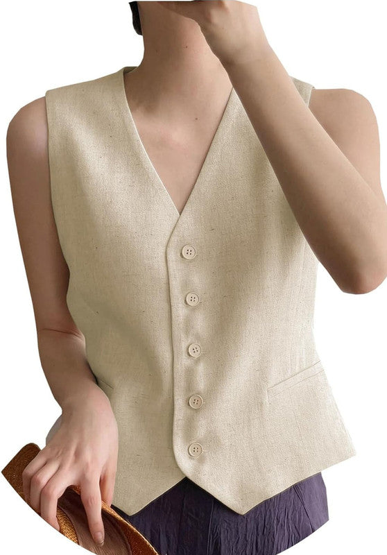 Khaki Women's Linen Vest Front View