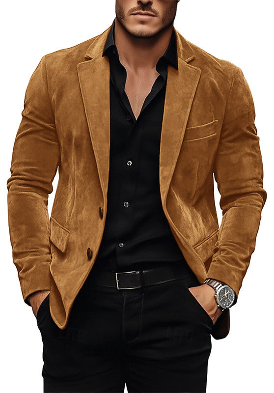 Men's Suede Blazer Khaki, Casual Smart Outfit Side Pose