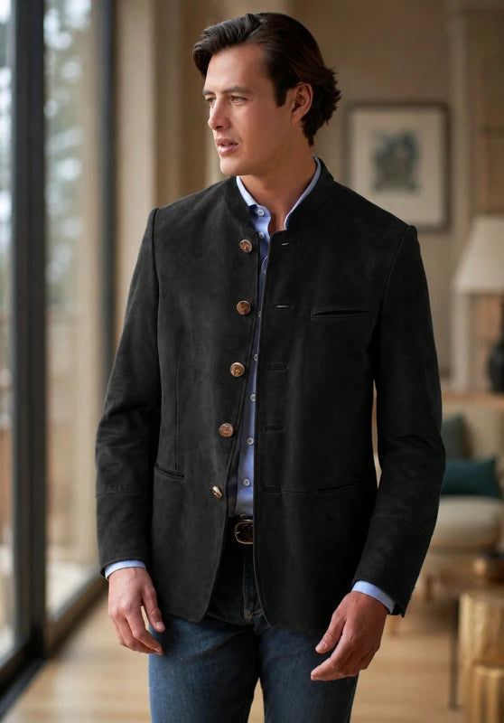 Front view of men's suede blazer in black