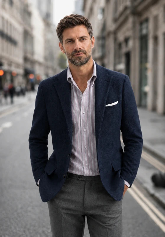 Men's tweed blazer, navy blue textured tweed slim-fit close-up fabric and pocket detail