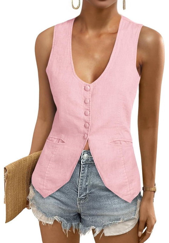 Women's Linen Vest Blue Front Casual Outfit Look