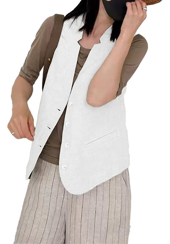 Women's Linen Vest White Front View