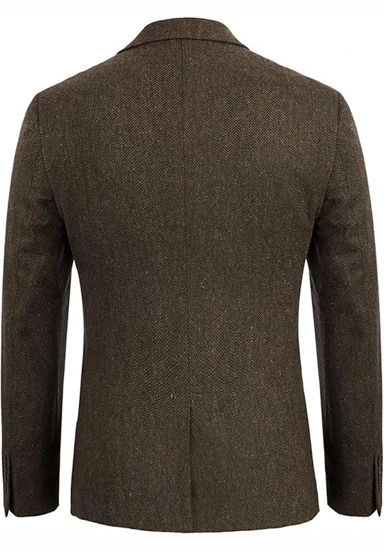 Men's herringbone tweed blazer, black wool-blend fabric classic-fit side profile with tailored fit
