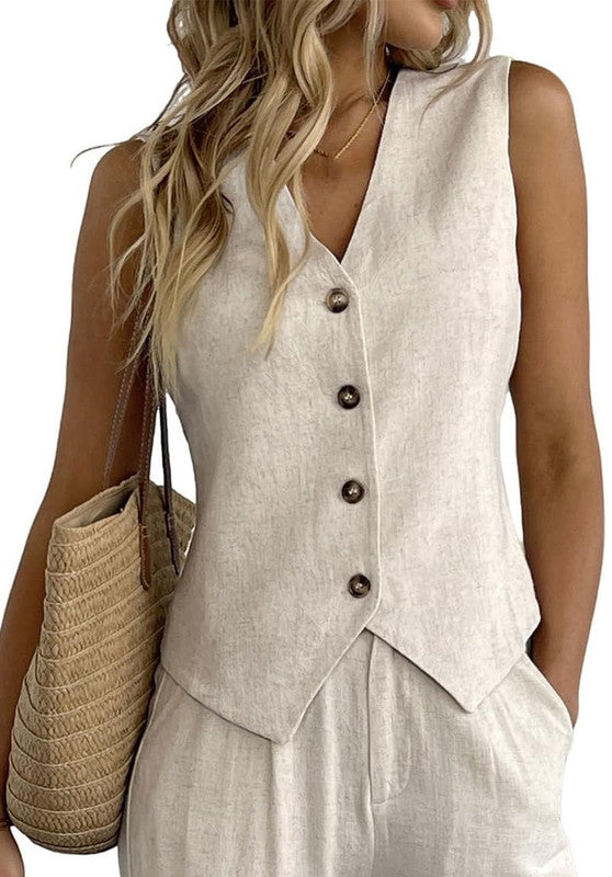 Women's Linen Vest Blue Front View