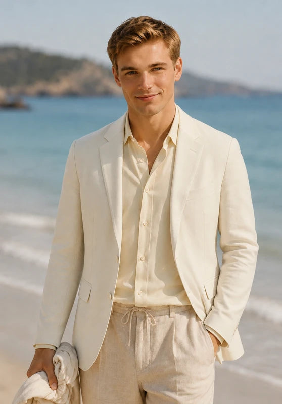 Men's linen sport coat, beige linen fabric classic-fit close-up fabric and pocket detail