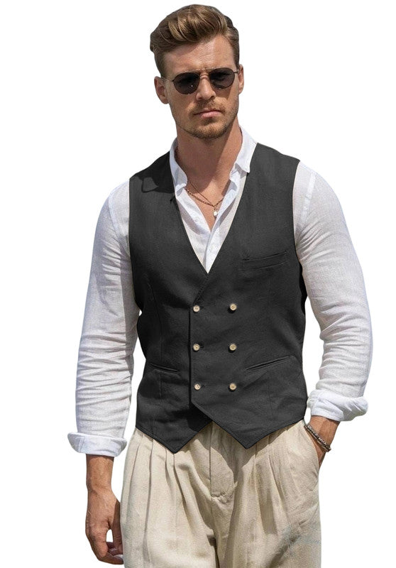 Mens Linen Suit Vest- Slim Fit Casual Dress Waistcoat