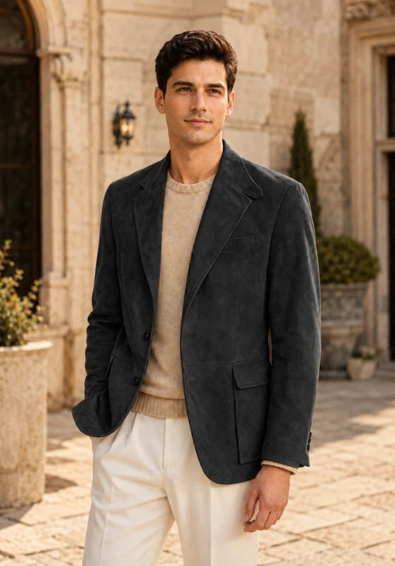 Front view of men's suede blazer in black