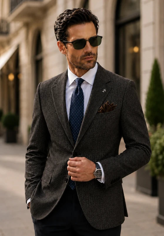 Front view of men's tweed blazer in black color