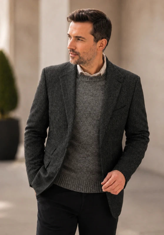 Men's herringbone tweed blazer, black wool-blend fabric classic-fit front view with 2-button closure