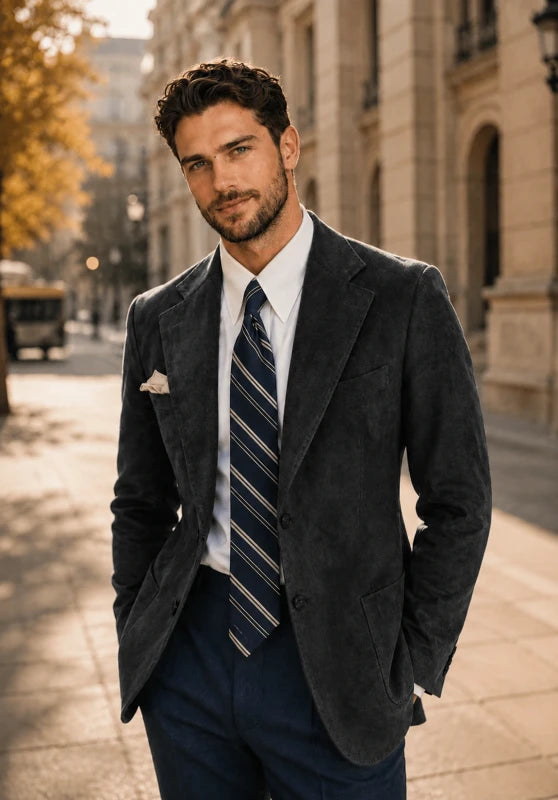 Front view of men's suede blazer in black