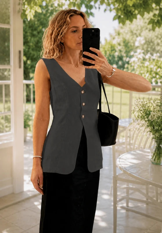 Women's Linen Vest Black Front View